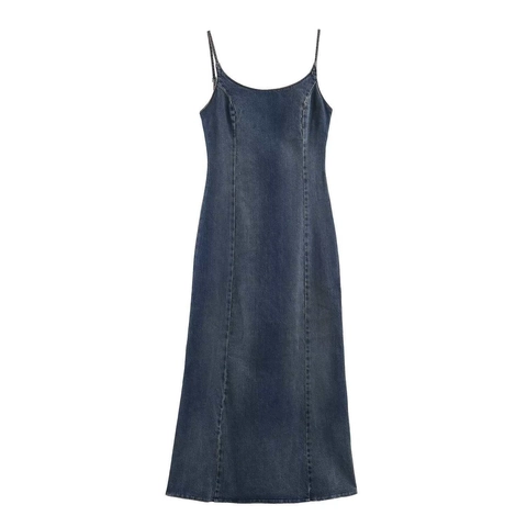 Vestido Cami de Mezclilla Lavado Vintage para Mujer Ajuste Delgado Tirantes de Spaguetti Dobladillo de Sirena Color Sólido Sin Mangas Largo Midi