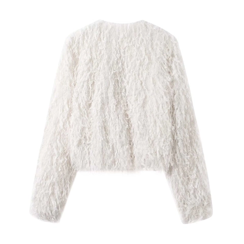Women's White Faux Fur Fringe Jacket Round Neck Long Sleeve Cardigan Elegant Solid Color Fluffy Short Coat For Women