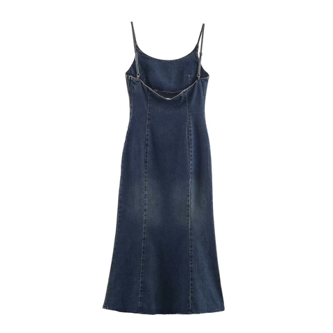 Vestido Cami de Mezclilla Lavado Vintage para Mujer Ajuste Delgado Tirantes de Spaguetti Dobladillo de Sirena Color Sólido Sin Mangas Largo Midi