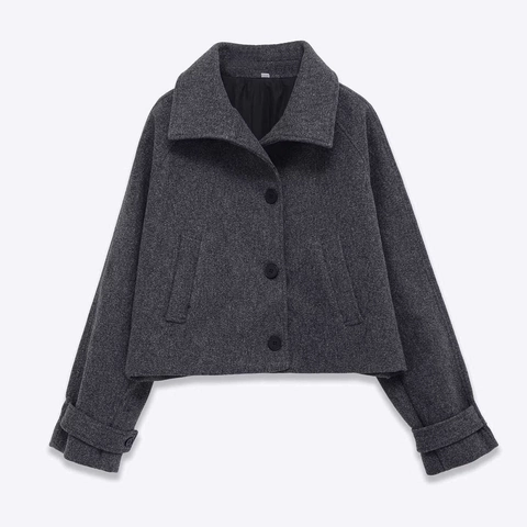 Women Fashion Solid Color Short Woolen Jacket Lapel Single Breasted Long Sleeve Elegant Autumn Commute Outerwear Coat