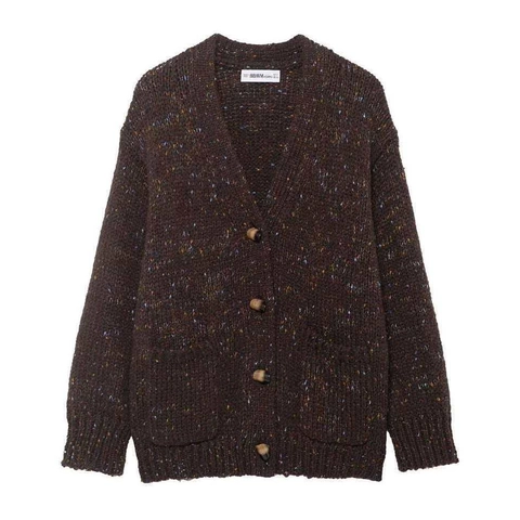 Damen Vintage Gemêleerd Strickjacke V-Ausschnitt Einreihig Locker Langarm Pullover Mit Taschen Casual Braun Outerwear