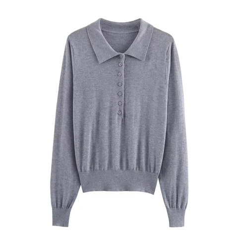 Polo en Tricot pour Femmes Manches Longues Coupe Ajustée Haut en Tricot à Boutons Couleur Unie Pull en Polyester Travail Bureau