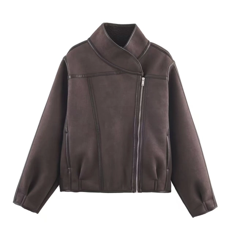 Giacca da Donna Casual in Camoscio e Montone Sintetico Vestibilità Larga Patchwork Revers Cerniera Cappotto Con Fodera Calda Autunno Inverno