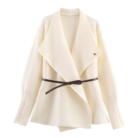Women Elegant Knit Cardigan Coat Large Lapel Long Sleeve Belted Mid-Length Solid Color Fall Winter Warm Sweater Jacket