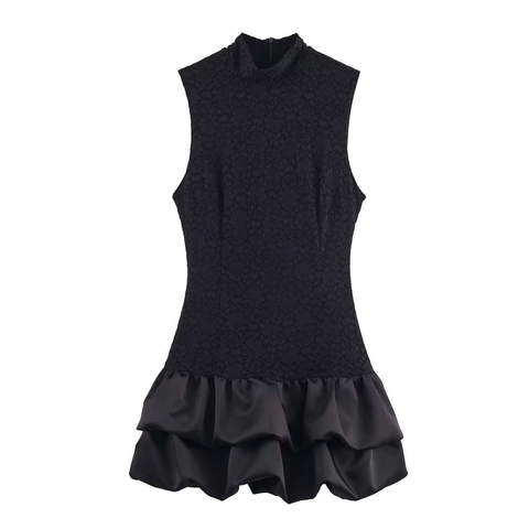 Elegant Black Lace Patchwork Sleeveless Mini Dress Mock Neck Satin Skirt Double Layer Ruffle Hem Party Evening Dress For Women