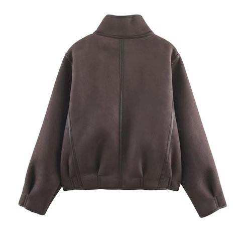 Giacca da Donna Casual in Camoscio e Montone Sintetico Vestibilità Larga Patchwork Revers Cerniera Cappotto Con Fodera Calda Autunno Inverno