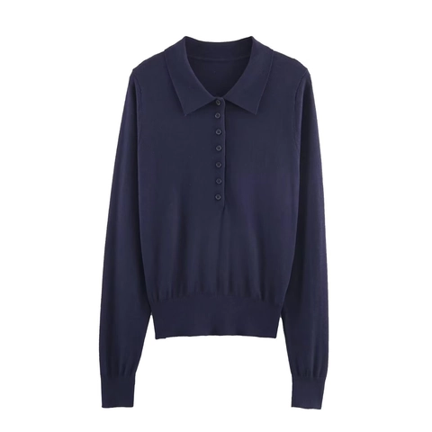 Polo en Tricot pour Femmes Manches Longues Coupe Ajustée Haut en Tricot à Boutons Couleur Unie Pull en Polyester Travail Bureau