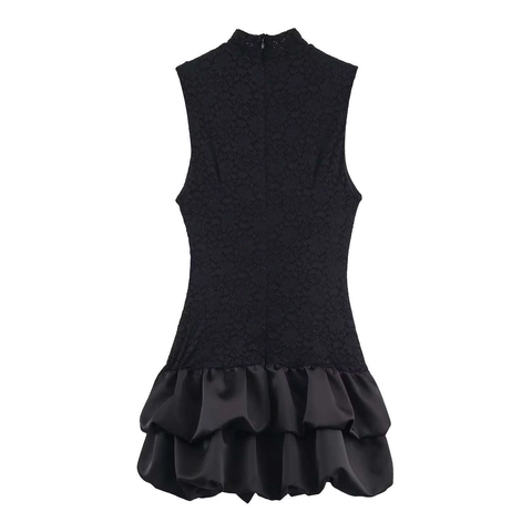 Elegant Black Lace Patchwork Sleeveless Mini Dress Mock Neck Satin Skirt Double Layer Ruffle Hem Party Evening Dress For Women