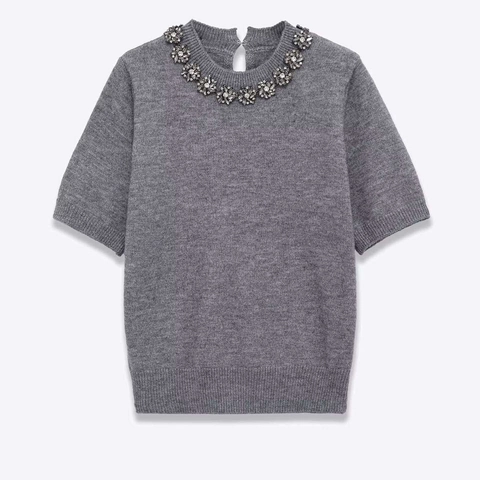 Women Elegant Grey Round Neck Short Sleeve Knit Sweater With Floral Rhinestone Beaded Detail Casual Loose Pullover Top