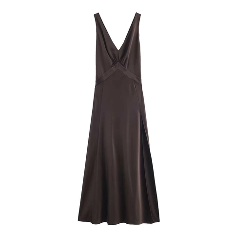 Elegant V-Neck Sleeveless Satin Midi Dress High Slit Gathering Solid Color Bodycon Evening Party Banquet Dress For Women