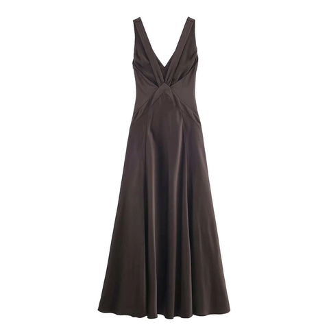 Elegant V-Neck Sleeveless Satin Midi Dress High Slit Gathering Solid Color Bodycon Evening Party Banquet Dress For Women