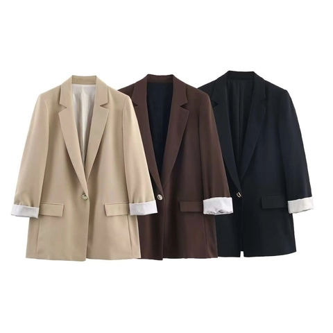 Giacca Blazer da Donna Casual con Collo a Revers Bottone Singolo Lunghezza Media Polsini a Righe Piegati Capispalla Slim