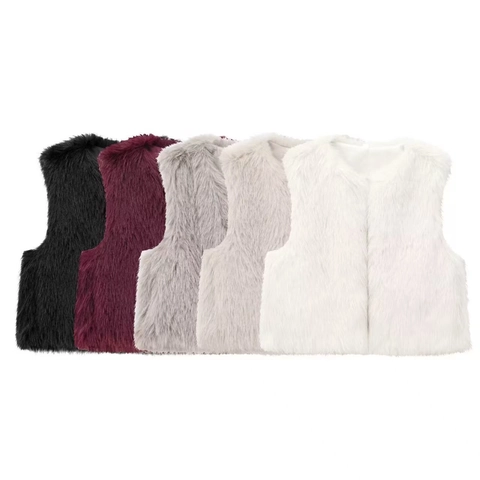 Women's Fashion Faux Fur Vest Sleeveless Round Neck Solid Color Autumn Winter Short Waistcoat Gilet For Casual Wear