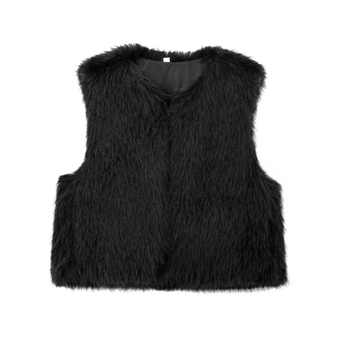 Women's Fashion Faux Fur Vest Sleeveless Round Neck Solid Color Autumn Winter Short Waistcoat Gilet For Casual Wear