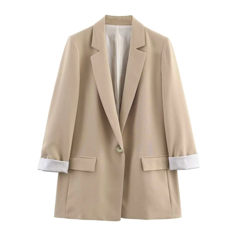 Giacca Blazer da Donna Casual con Collo a Revers Bottone Singolo Lunghezza Media Polsini a Righe Piegati Capispalla Slim