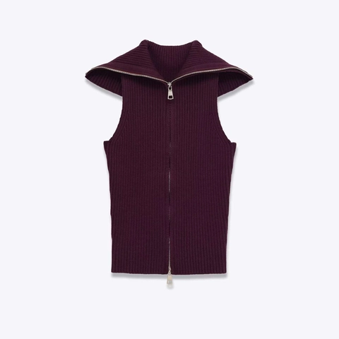 Women Casual Ribbed Knit Vest Wine Red Double Zipper Sleeveless Waistcoat Slim Fit Lapel Collar Knitwear Top
