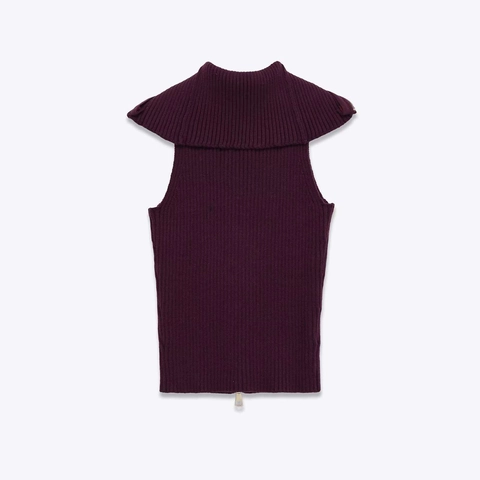 Women Casual Ribbed Knit Vest Wine Red Double Zipper Sleeveless Waistcoat Slim Fit Lapel Collar Knitwear Top