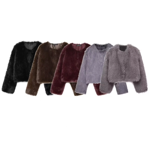 Women's Elegant Round Neck Faux Fur Jacket Long Sleeve Short Coat With Polyester Lining For Winter Office Party Casual