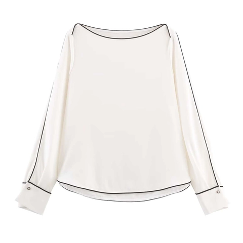 Blusa de Gasa con Cuello Barco Elegante para Mujer Manga Larga Ribete en Contraste Camisa de Trabajo Moda Top Blanco