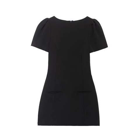 Damen Elegant Schwarz Minikleid Puffärmel Gerafft Polyester Slim Fit Kurzarm Sommer Party Bodycon Kleid
