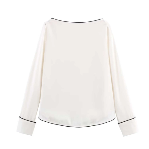 Blusa de Gasa con Cuello Barco Elegante para Mujer Manga Larga Ribete en Contraste Camisa de Trabajo Moda Top Blanco