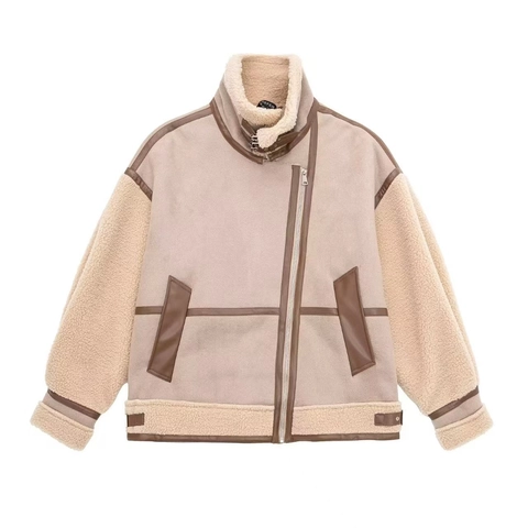 Giacca Invernale da Donna Splicing Revers Manica Lunga Pile Sherpa Vintage Caldo Finto Scamosciato Patchwork Cappotto