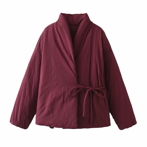 Damen Kimono-Stil Gesteppte Wattierte Jacke Langarm Bindeband Wickelmantel Lässig Warm Minimalistische Oberbekleidung