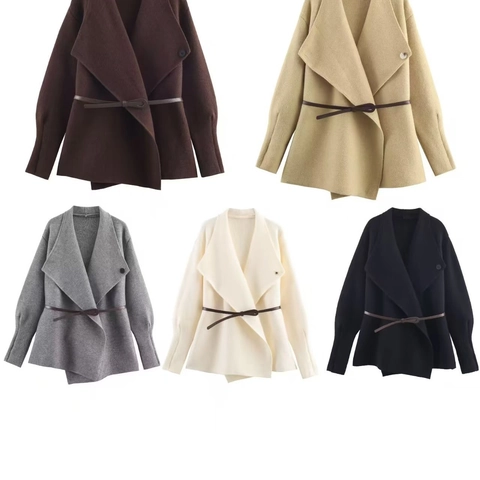 Women Elegant Knit Cardigan Coat Large Lapel Long Sleeve Belted Mid-Length Solid Color Fall Winter Warm Sweater Jacket