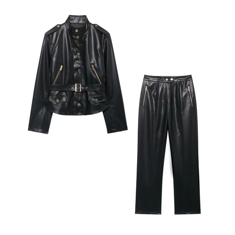 Women Faux Leather Moto Jacket And Flare Pants With Belt Gold Buttons Black PU Biker Outfits Streetwear