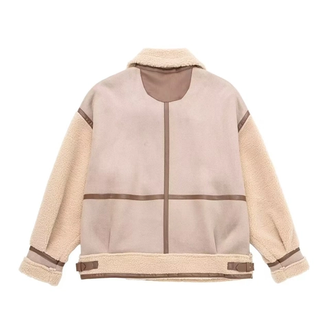 Giacca Invernale da Donna Splicing Revers Manica Lunga Pile Sherpa Vintage Caldo Finto Scamosciato Patchwork Cappotto