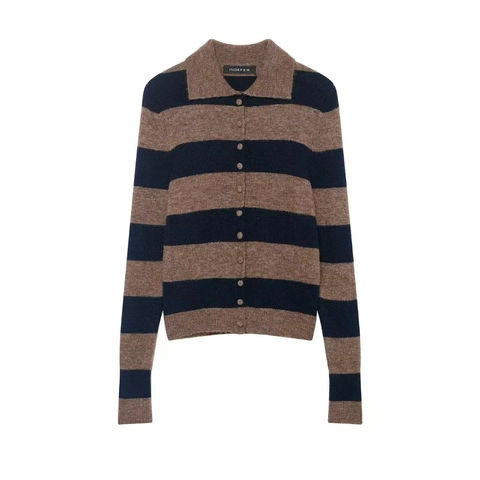 Femme Vintage Rayé Tricoté Gilet Manches Longues Col Polo Boutonné Bloc De Couleur Décontracté Haut En Tricot