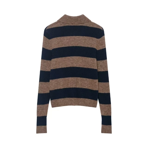 Femme Vintage Rayé Tricoté Gilet Manches Longues Col Polo Boutonné Bloc De Couleur Décontracté Haut En Tricot