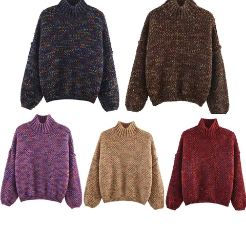 Women's Casual Chunky Knit Pullover Sweater High Neck Loose Fit Mixed Color Speckled Long Sleeve Ribbed Jumper Top