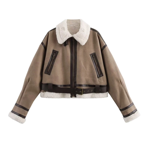 Giacca da Moto in Finta Pelle Scamosciata da Donna Con Revers in Finta Lana di Agnello Cerniera Capispalla Corto Caldo Cappotto Invernale Con Cintura