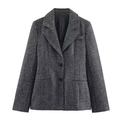 Women's Dark Gray Herringbone Tweed Blazer Jacket And High Waist Wide Leg Pants Suit Set Office Professional Workwear