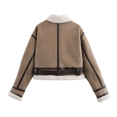 Giacca da Moto in Finta Pelle Scamosciata da Donna Con Revers in Finta Lana di Agnello Cerniera Capispalla Corto Caldo Cappotto Invernale Con Cintura