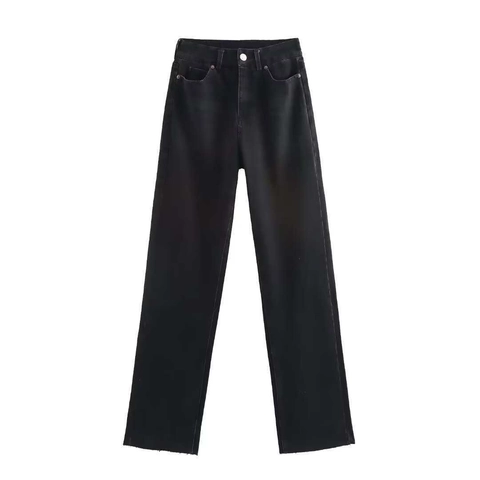 Vintage Schwarze High Waist Jeans Mit Geradem Bein Für Damen Lässiger Offener Saum Polyester Gewaschene Denim Vielseitige Pendlerhose