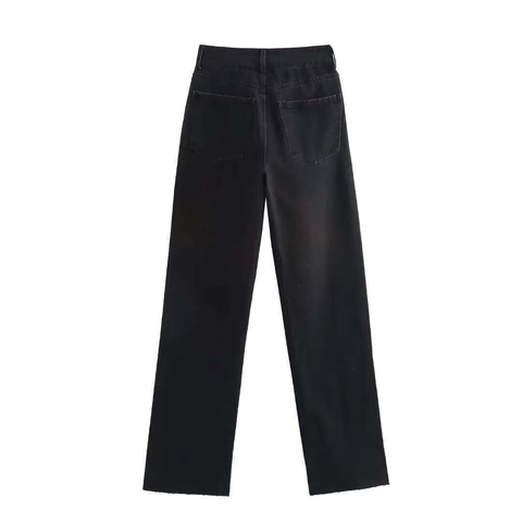 Vintage Schwarze High Waist Jeans Mit Geradem Bein Für Damen Lässiger Offener Saum Polyester Gewaschene Denim Vielseitige Pendlerhose