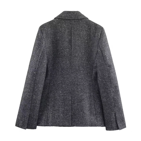 Women's Dark Gray Herringbone Tweed Blazer Jacket And High Waist Wide Leg Pants Suit Set Office Professional Workwear