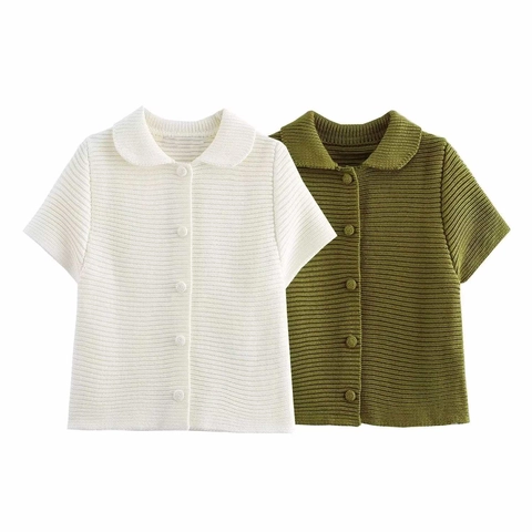 Women's Knit Short Sleeve Cardigan Polo Collar Solid Color Single Breasted Button Elegant Commute Sweater Top