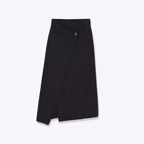 Elegante Falda Midi Envolvente de Punto Gris Oscuro Con Dobladillo Asimétrico Moda Mujer Oficina Conmutador Falda Color Sólido