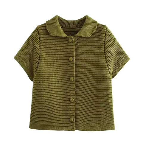 Women's Knit Short Sleeve Cardigan Polo Collar Solid Color Single Breasted Button Elegant Commute Sweater Top