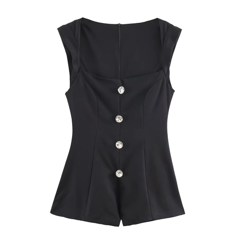 Elegant Damen Ärmellos Eckiger Ausschnitt Playsuit Mit Strass Knöpfen Schlank Schwarz Kurz Overall Party Bodycon Jumpsuit