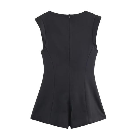 Elegant Damen Ärmellos Eckiger Ausschnitt Playsuit Mit Strass Knöpfen Schlank Schwarz Kurz Overall Party Bodycon Jumpsuit