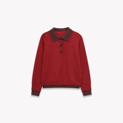 Women Casual Knit Polo Sweater Long Sleeve Contrast Color Lapel Pullover Red Brown Autumn Fashion Top