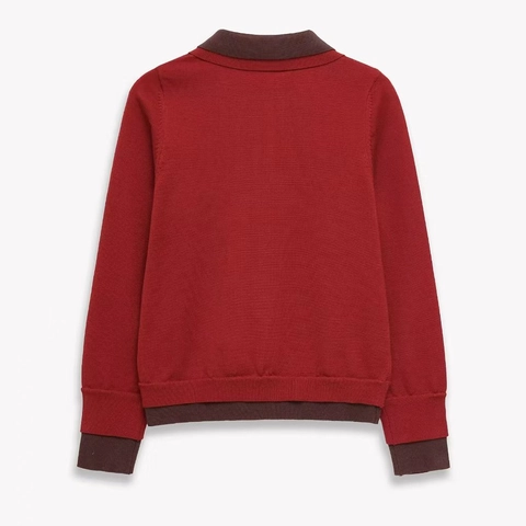 Women Casual Knit Polo Sweater Long Sleeve Contrast Color Lapel Pullover Red Brown Autumn Fashion Top