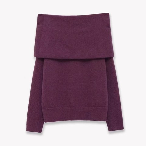 Women Elegant Off Shoulder Knit Sweater Wine Red Long Sleeve Pullover Soft Solid Color Slim Fit Fashion Spring Top