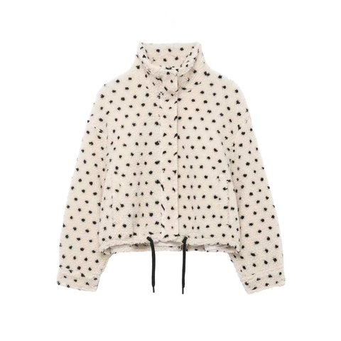 Dames Vintage Polka Dot Polar Fleece Jas Opstaande Kraag Kort Warm Teddy Jas Met Trekkoord Zoom Herfst Winter Bovenkleding