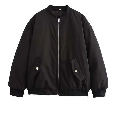 Blouson Bomber Noir Décontracté Pour Femme Avec Manches Longues Froncées Fermeture Éclair Manteau Coupe-vent Avec Poches Pour L'automne