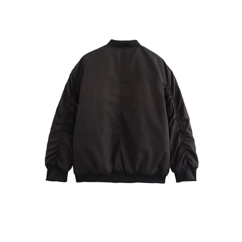 Blouson Bomber Noir Décontracté Pour Femme Avec Manches Longues Froncées Fermeture Éclair Manteau Coupe-vent Avec Poches Pour L'automne